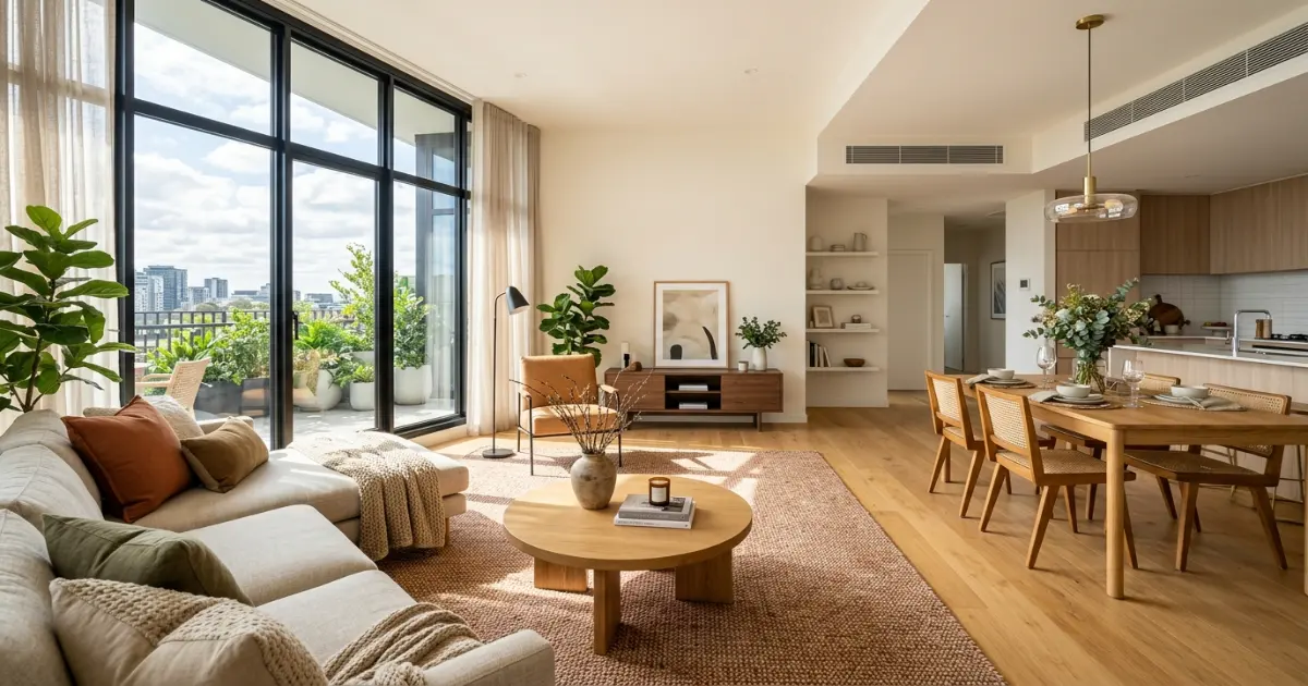 Open-plan living room layout using a rug to define the seating zone