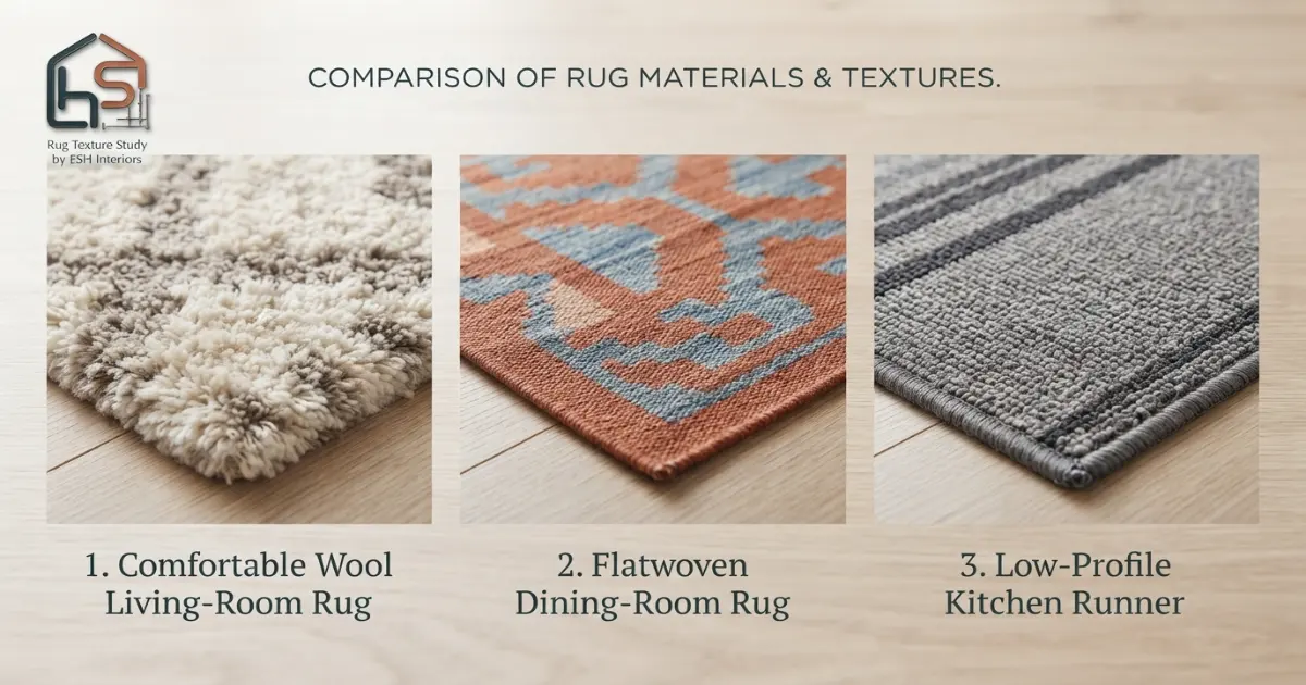 rug size open floor plan materials and pile height comparison