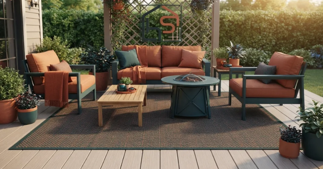 Outdoor rug size beneath patio conversation furniture