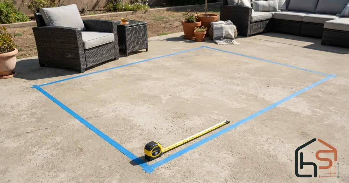 Outdoor rug size tape test on a patio