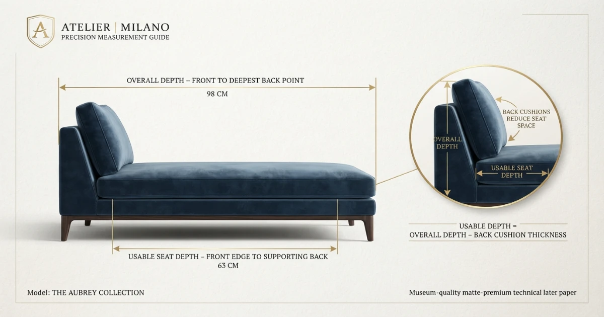 Sofa depth guide explaining overall depth versus usable seat depth