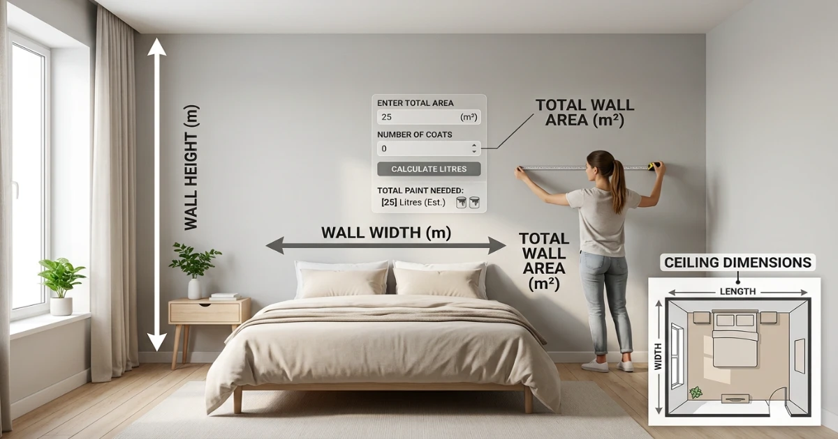 Paint calculator — measuring wall area with tape measure in a bedroom