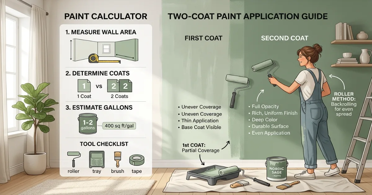 Paint calculator — applying two coats with roller for even coverage