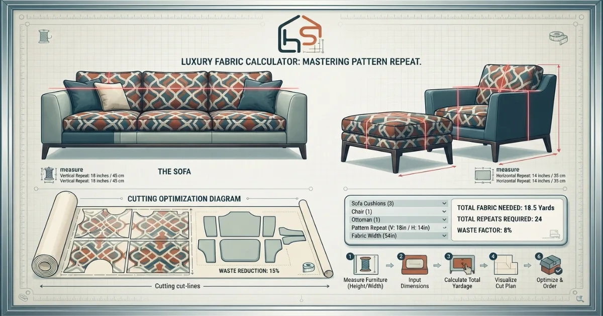 Upholstery fabric calculator showing pattern repeat matching across cushions