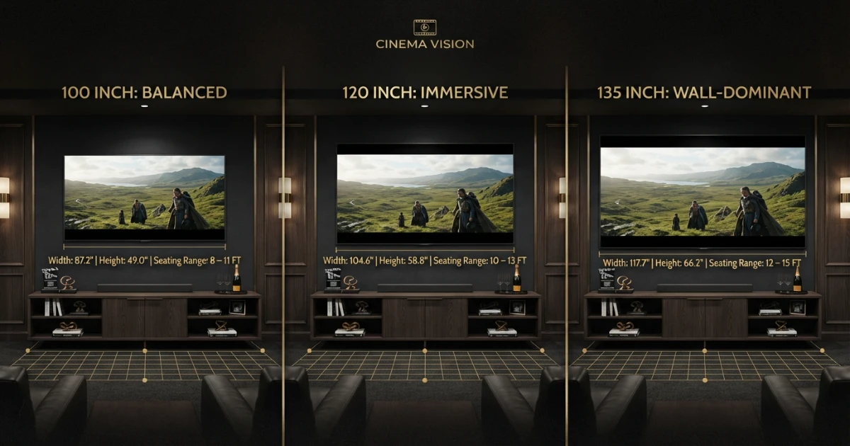 Projector screen size for room comparison of 100 120 and 135-inch screens
