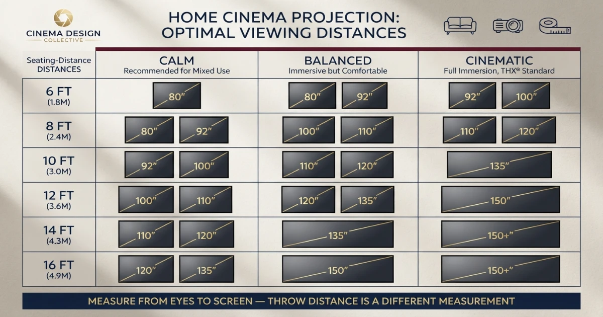 Projector screen size for room distance chart from 6 to 16 feet