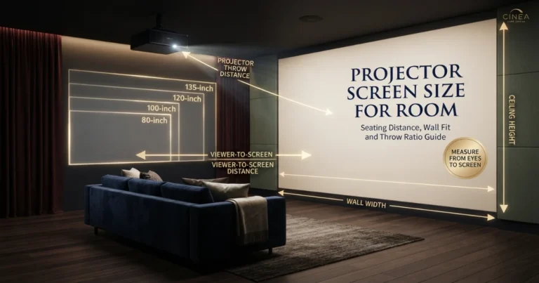 Media room with scaled 80, 100, 120 and 135‑inch projector screen outlines and measured distances