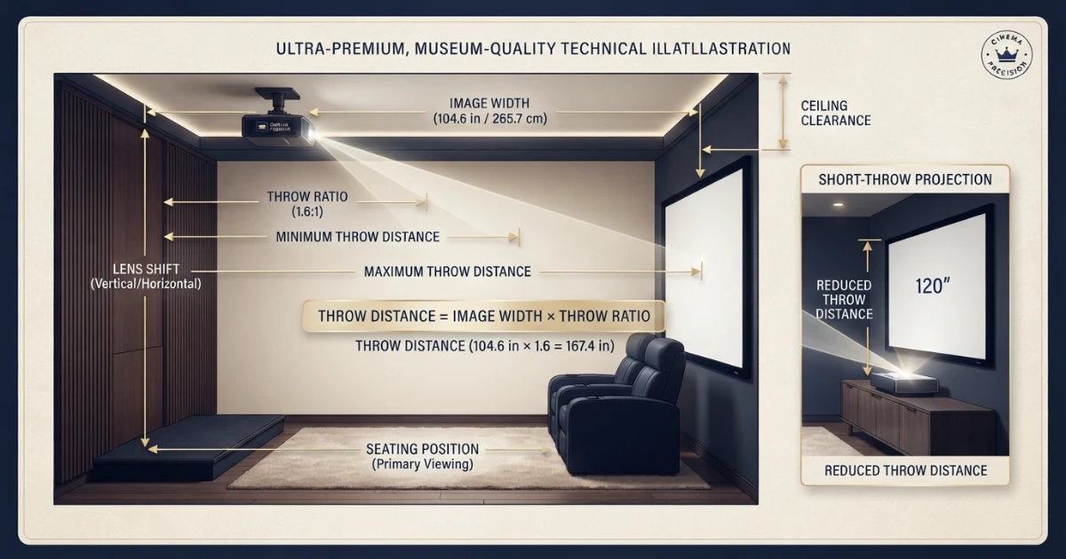 Projector screen size for room throw ratio and lens distance diagram