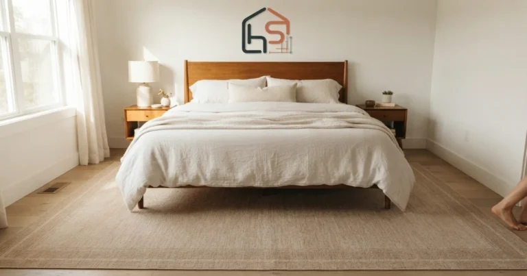 Bedroom with a properly sized area rug placed under the lower two‑thirds of the bed, extending past both sides and the foot for a soft landing