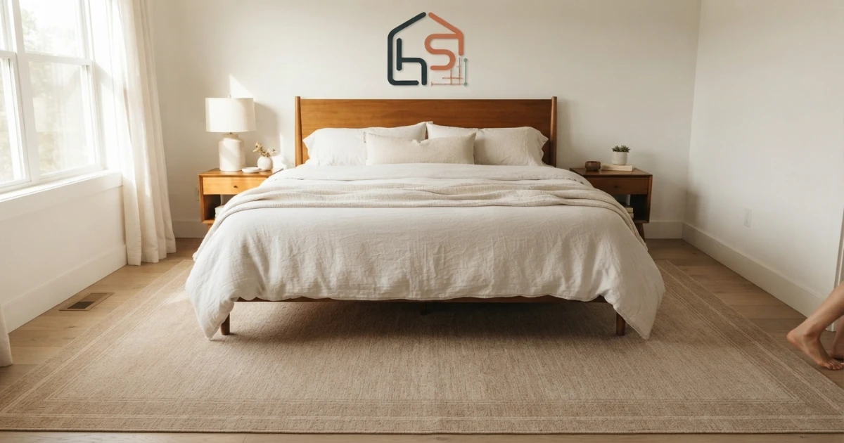 Rug size under queen bed comparison with an 8 by 10 foot rug in a lower two-thirds placement