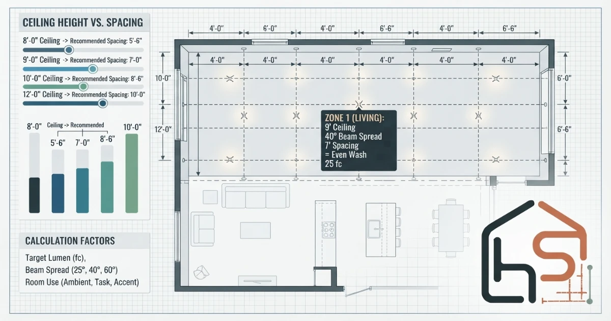 Recessed lighting calculator showing ceiling height and spacing relationship