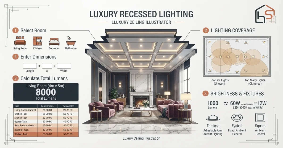 Recessed lighting calculator showing total lumens needed for a room