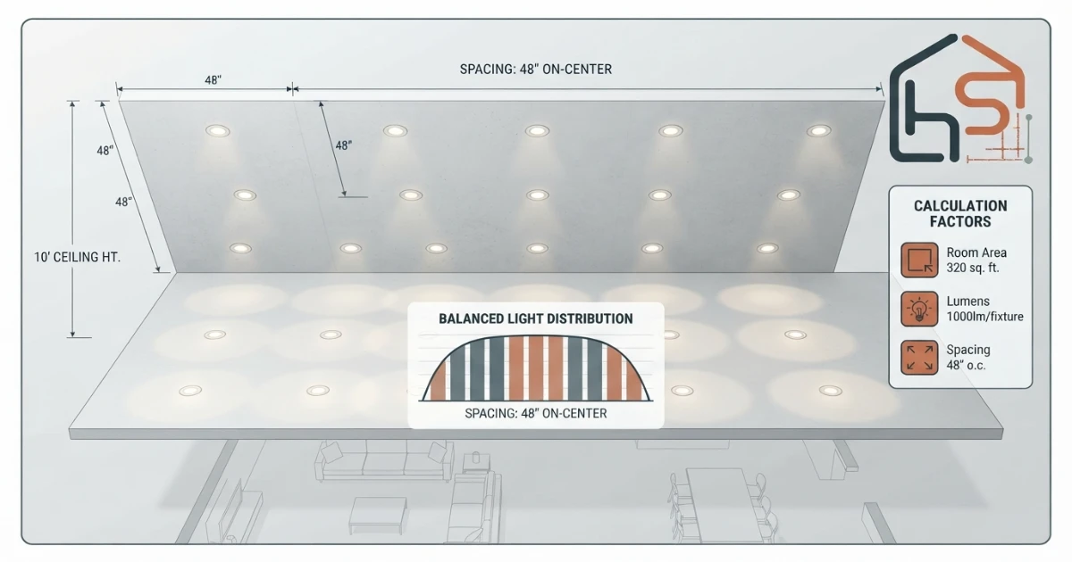 Recessed lighting calculator illustrating an even spacing grid layout