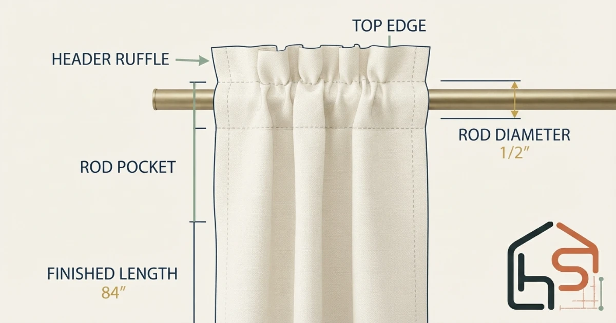 Rod pocket curtain header showing pocket depth and top ruffle