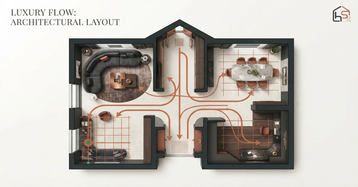 Room layout calculator showing recommended traffic flow between furniture zones