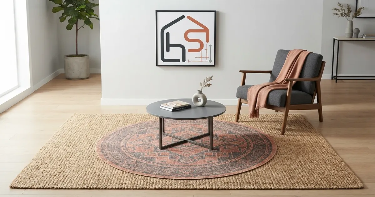 Round top rug layered over a rectangular base rug