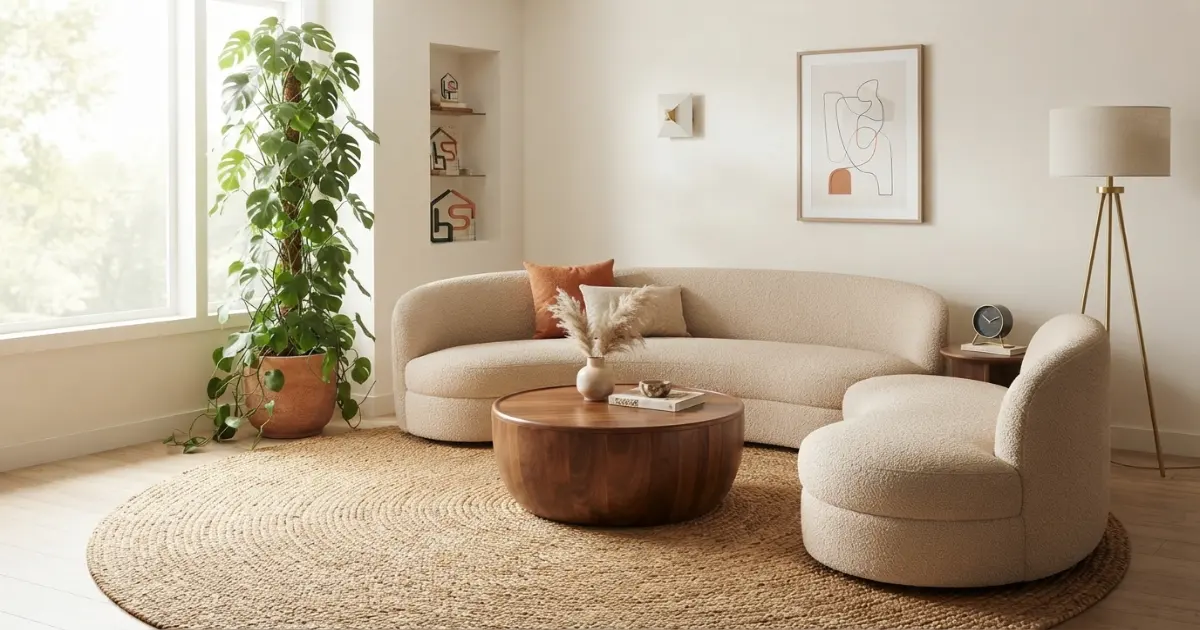 Round rug sizes guide showing standard rug diameters in a styled room