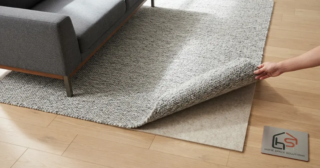 rug pad size guide showing a pad trimmed smaller than an area rug