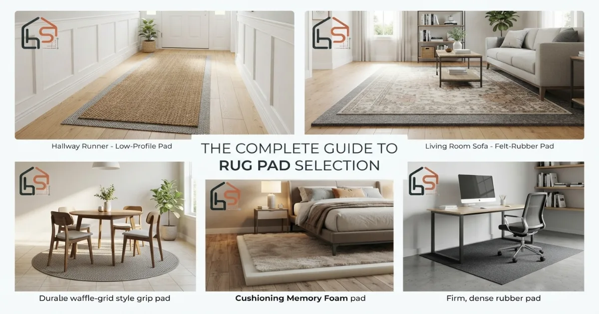 rug pad size by room showing runner living room dining room bedroom and office uses