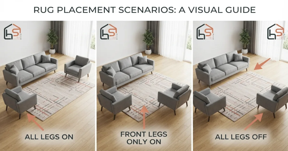 Rug placement rules showing sofa and chair legs on or off an area rug