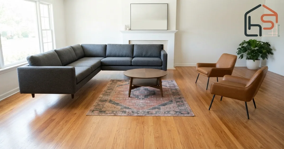 Common rug sizing mistake showing a rug too small for the living room furniture