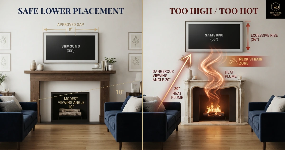 Safe and unsafe TV above fireplace height viewing angle comparison