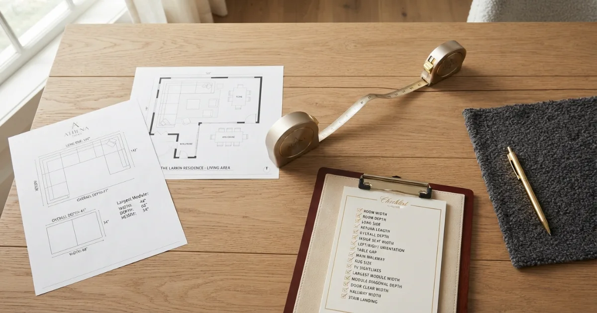 Sectional size guide buying checklist with module delivery and room measurements