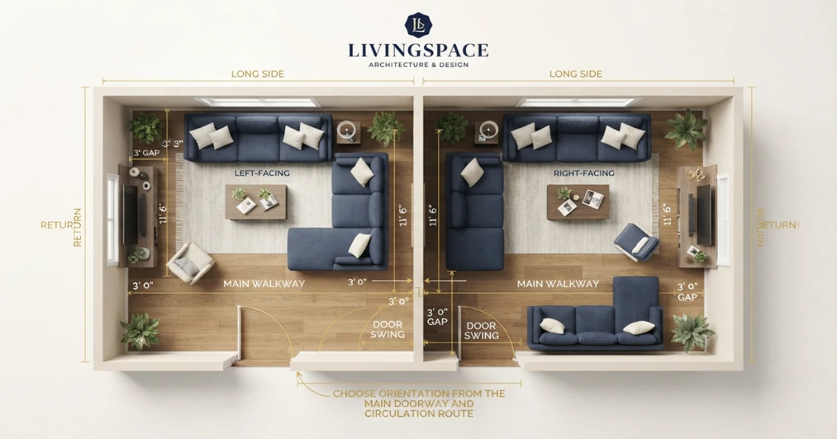 Sectional size guide for left-facing right-facing L-shaped and U-shaped layouts