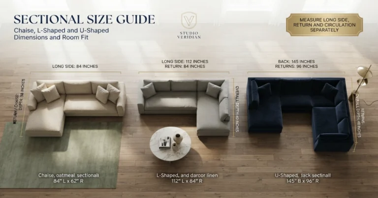 Top‑down view of a chaise, L‑shaped and U‑shaped sectional with long side, return and depth measurements