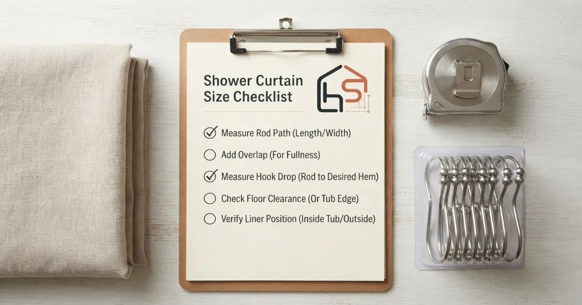 How to measure shower curtain size showing rod path side overlap hook height and lower clearance