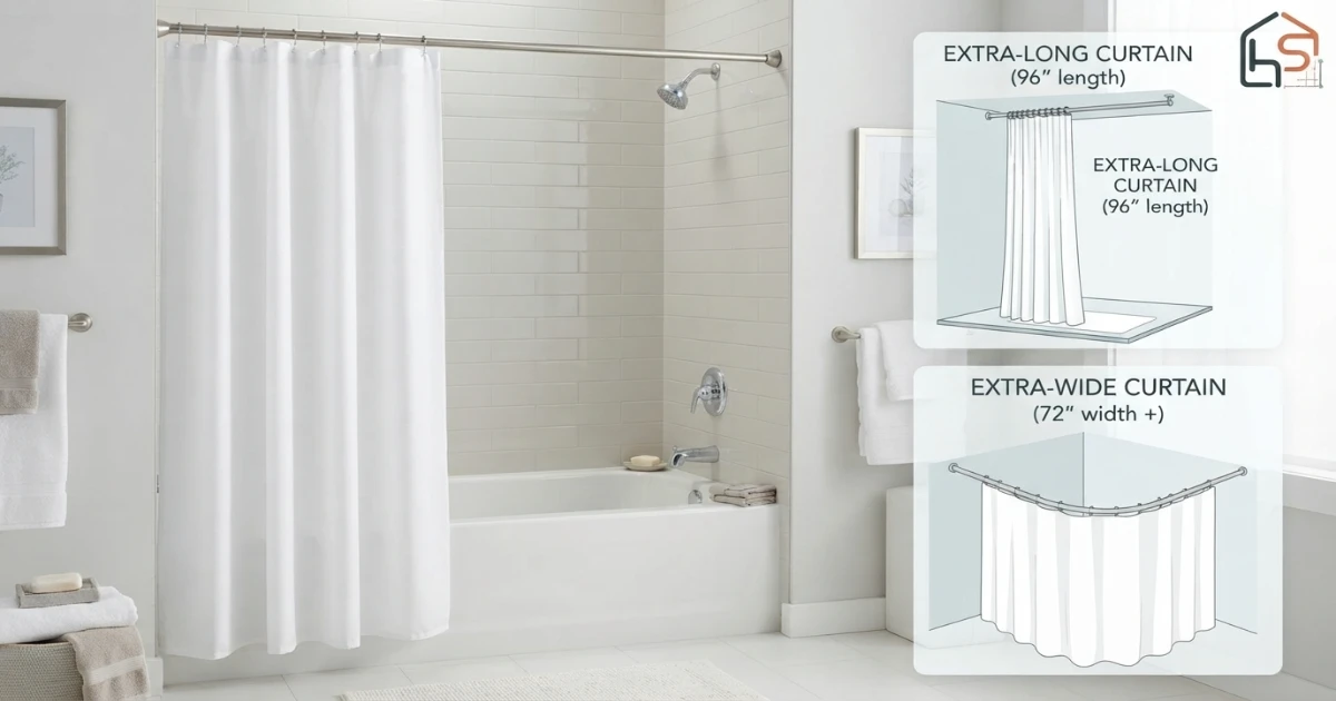 Shower curtain sizes chart showing standard extra long stall and extra wide curtains