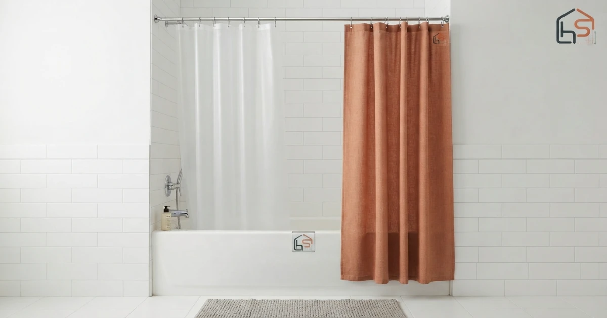 Shower curtain and liner placement showing decorative curtain outside and liner inside the tub