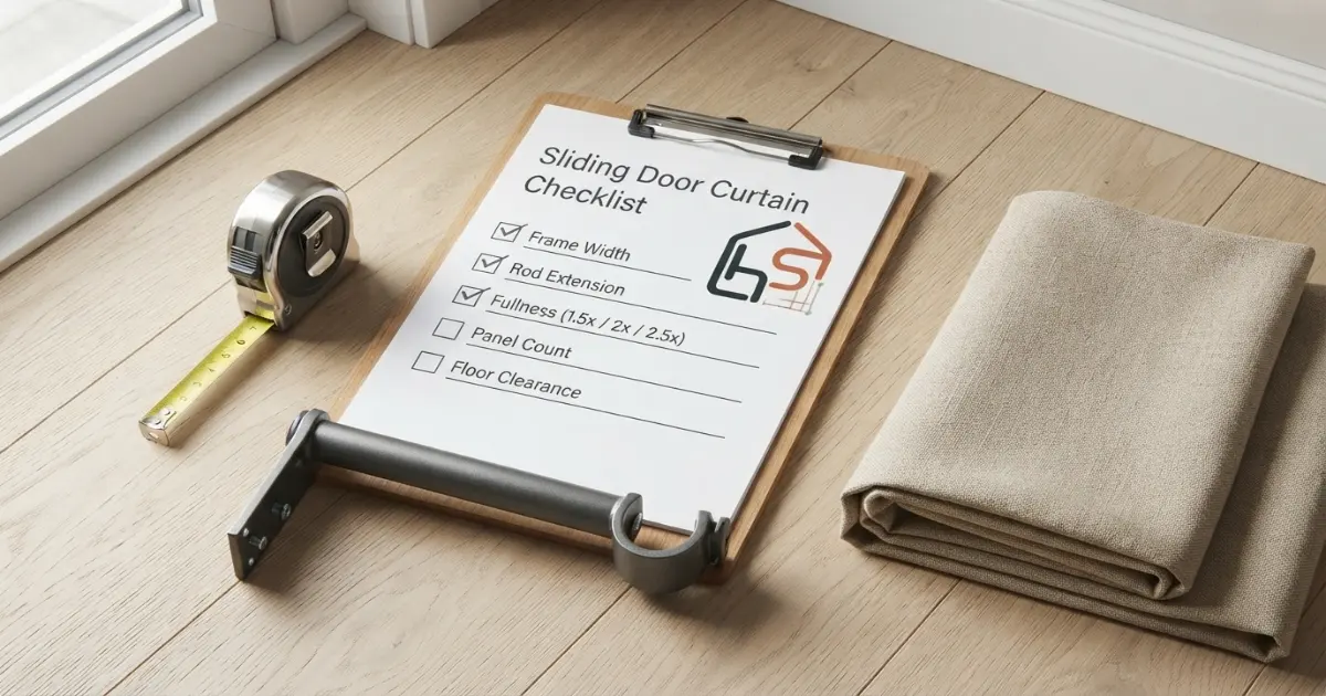 Sliding glass door curtain buying checklist for width length fullness panel count and stack-back