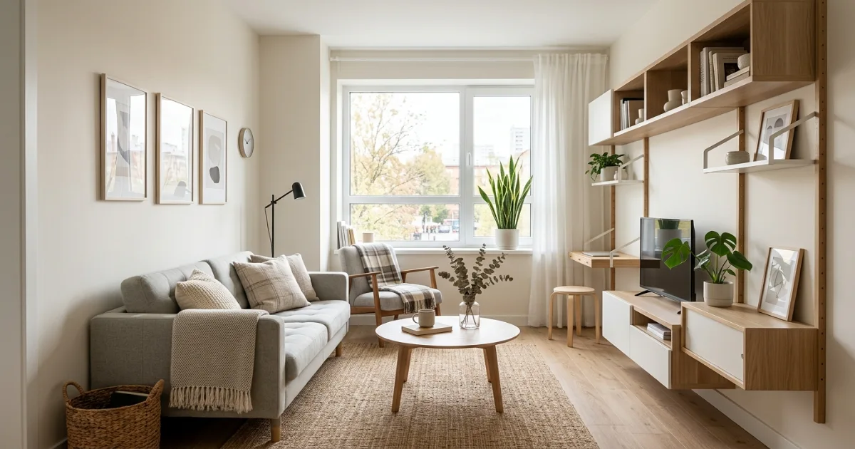 Small wall-hugging living room layout with an open central walkway