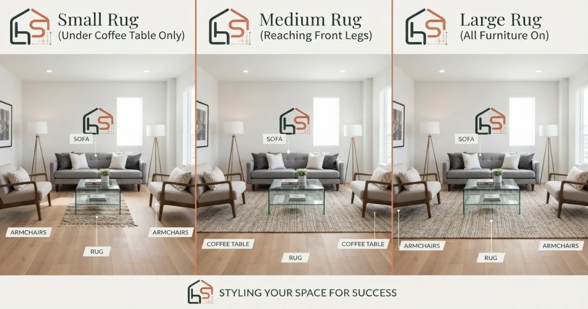 Rug size for small living room placement options with accent, front legs and full coverage