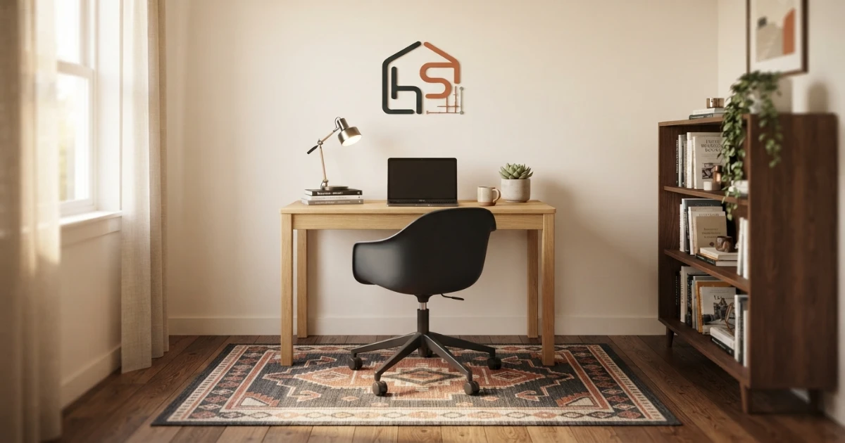 Office rug size for a small home office with a 5x7 rug under a compact desk