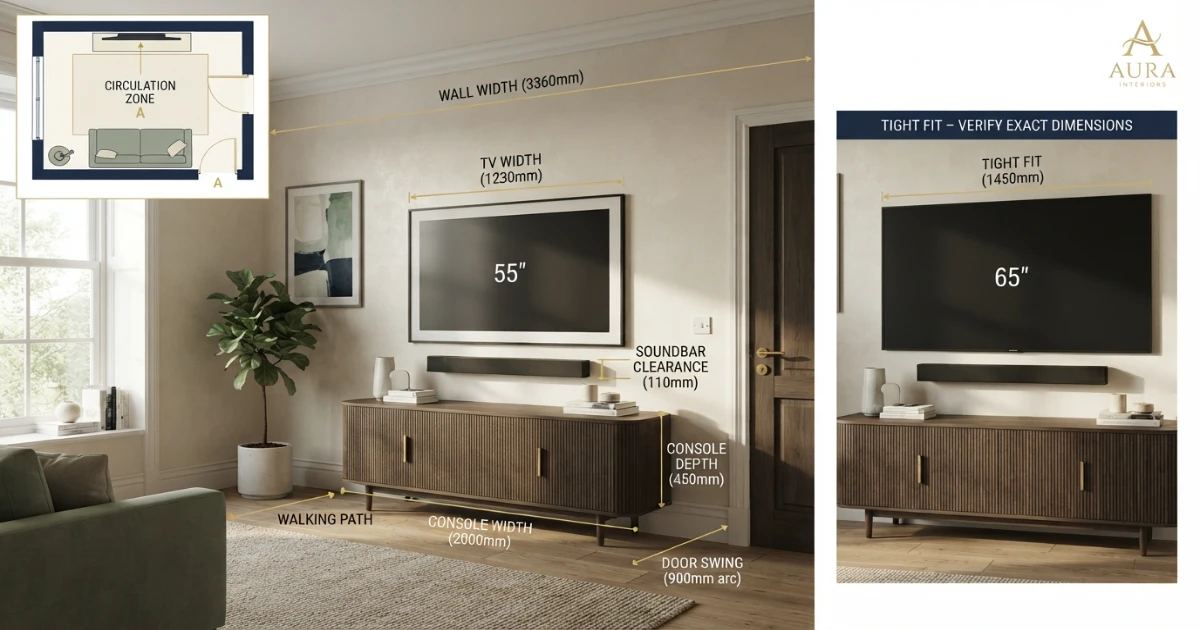Small room TV wall and console fit with walking clearance and door swing