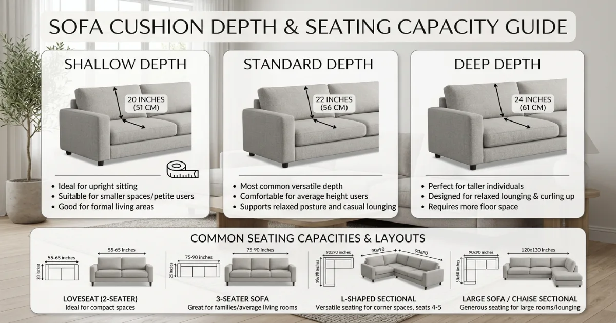 Sofa size calculator comparing cushion depth options and seat count