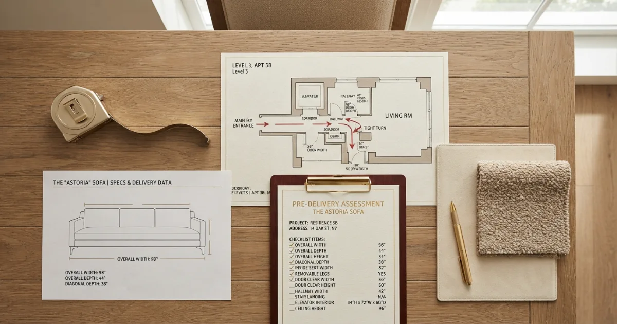 Standard sofa dimensions delivery checklist with door hallway stair and elevator measurements