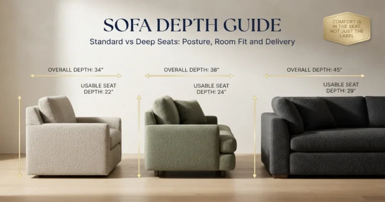Side profile comparison of a compact, standard and deep sofa showing overall depth and seat depth