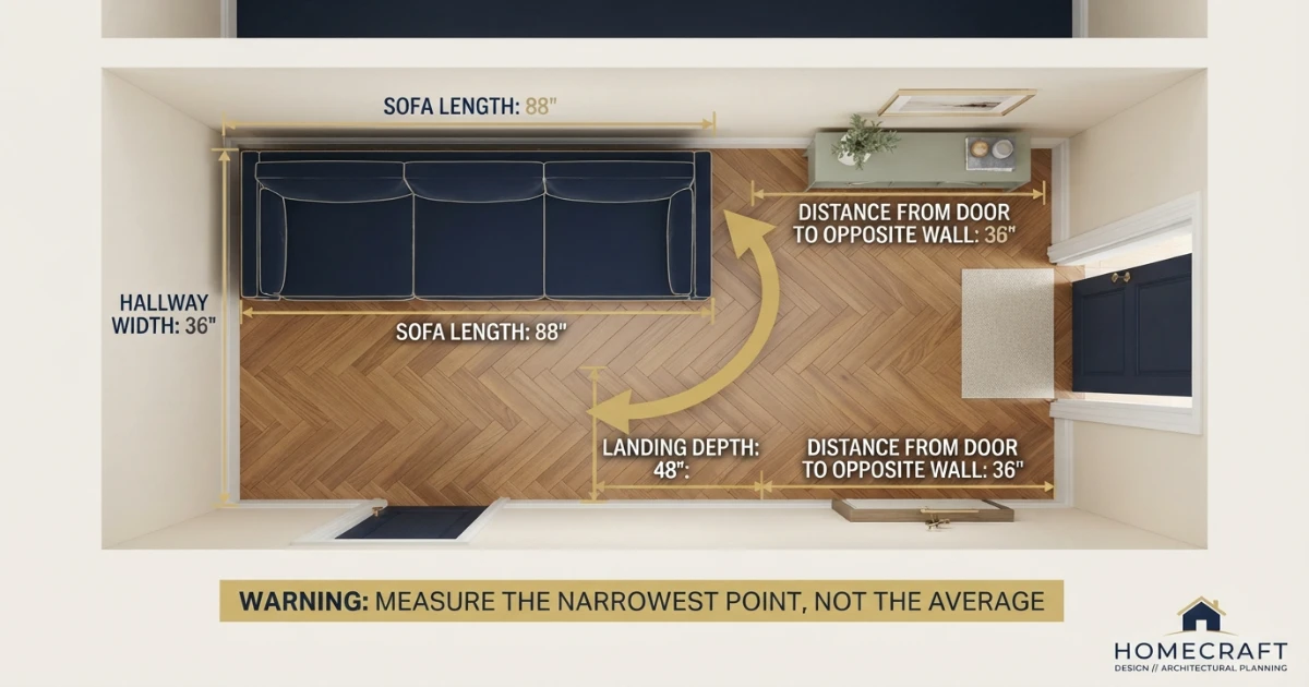 Will sofa fit through door delivery path with hallway turn stairs and elevator