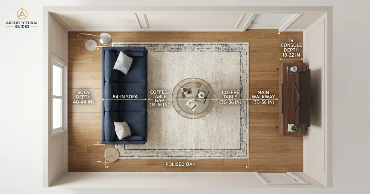Sofa room clearance layout with coffee table walkway and wall dimensions