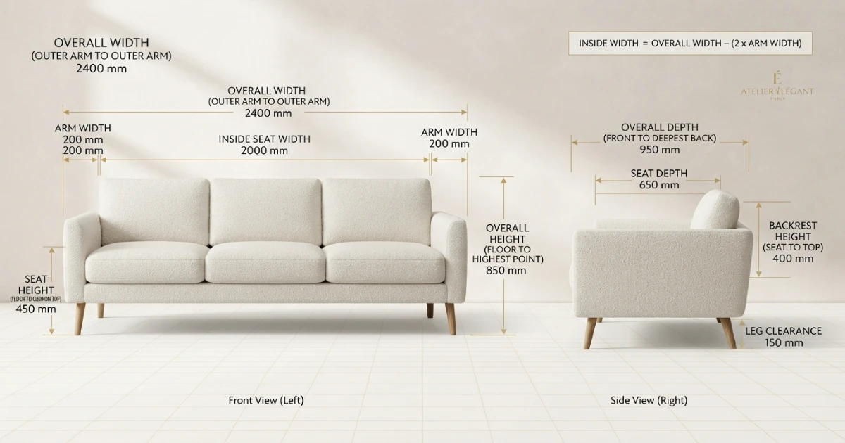 Standard sofa dimensions anatomy with overall and usable seat measurements