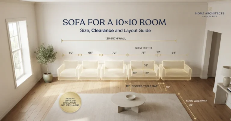 10x10 living room with scaled 60, 66, 72, 78 and 84‑inch sofa outlines and measured zones