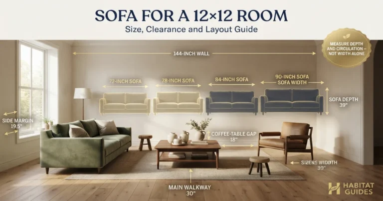 12x12 living room with scaled 72, 78, 84 and 90‑inch sofa outlines and measured zones