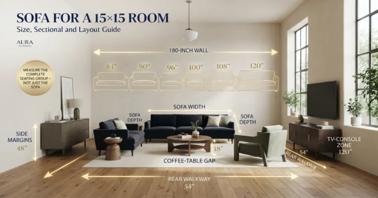 15x15 living room with scaled 84, 90, 96, 100, 108 and 120‑inch sofa outlines and measured zones
