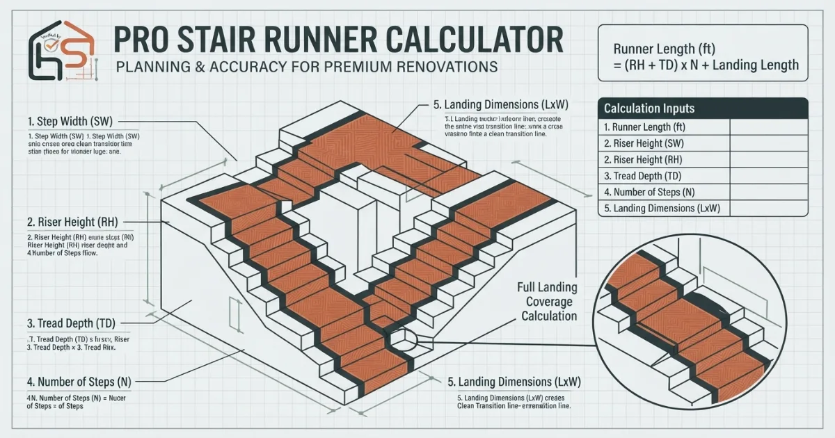 Stair runner calculator illustrating landing coverage between stair flights