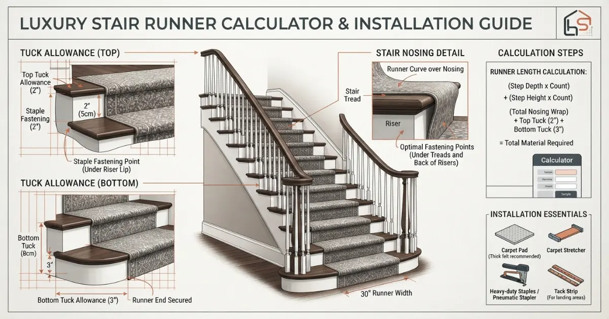 Stair runner calculator showing tuck allowance at the top and bottom of a staircase