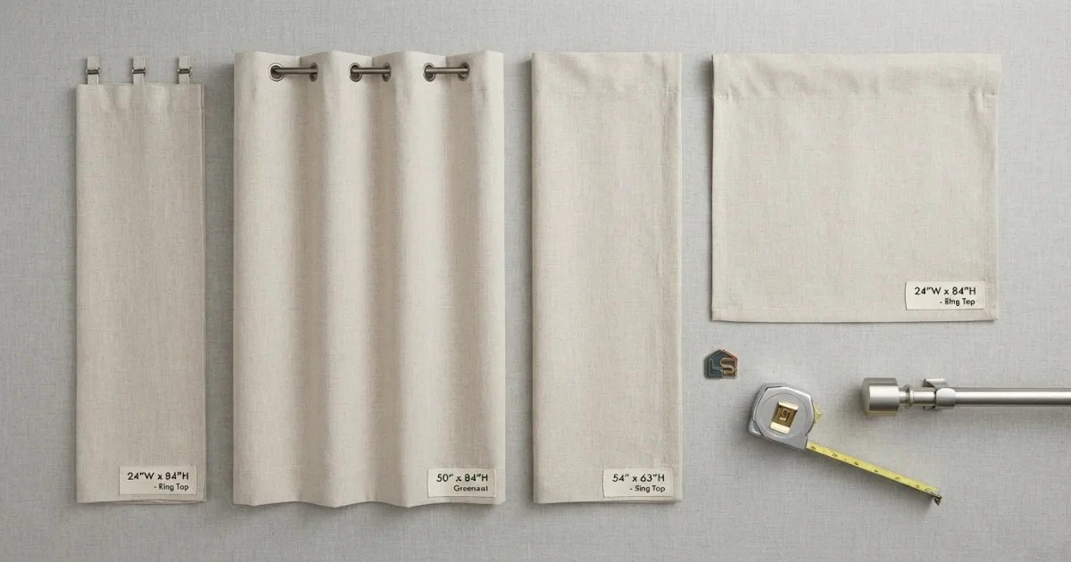 Standard curtain width and fullness chart showing rod span, total fabric width and panel quantity