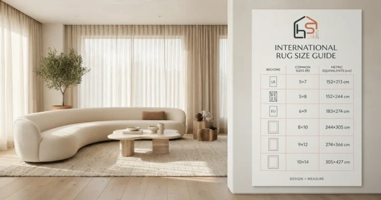 Standard rug sizes chart comparing common US, UK, and EU rug dimensions for living rooms, bedrooms, and dining rooms